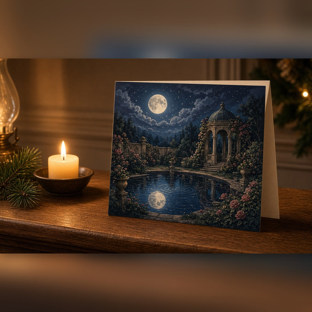 Moonlit walled garden with a reflecting pond, domed pavilion and roses printed flat on a greeting card, made with prompt #84