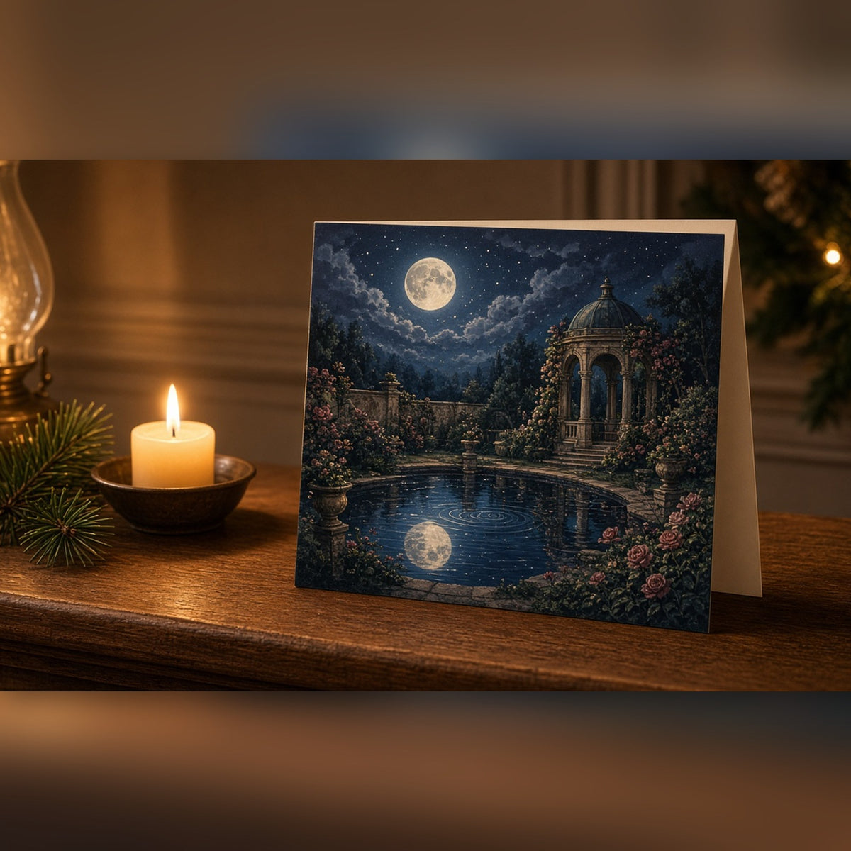 Moonlit walled garden with a reflecting pond, domed pavilion and roses printed flat on a greeting card, made with prompt #84