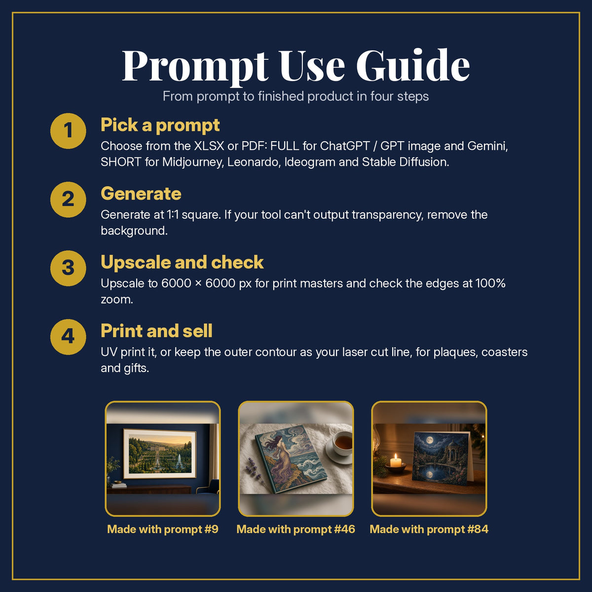Prompt Use Guide for the Historical Fiction, Luxury & Decorative Collection: pick a prompt, generate, upscale and check, print and sell, with sample products made with the pack's prompts