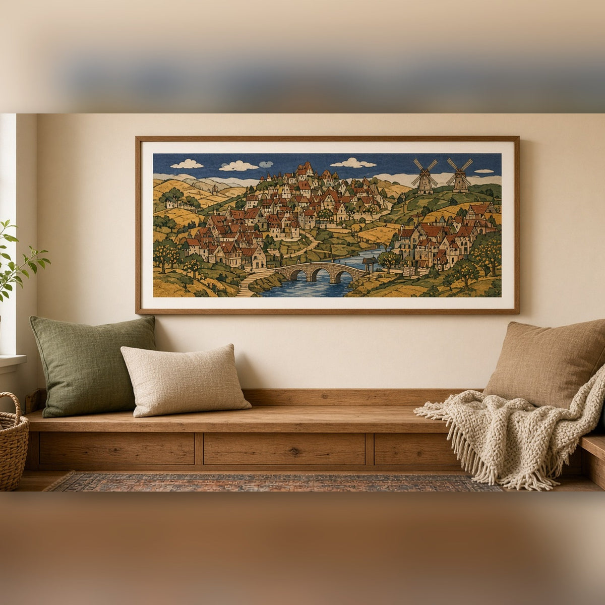 Block-print style panoramic medieval market town on river valley terraces with a stone bridge and windmills printed flat on a framed print in a reading nook, made with prompt #9