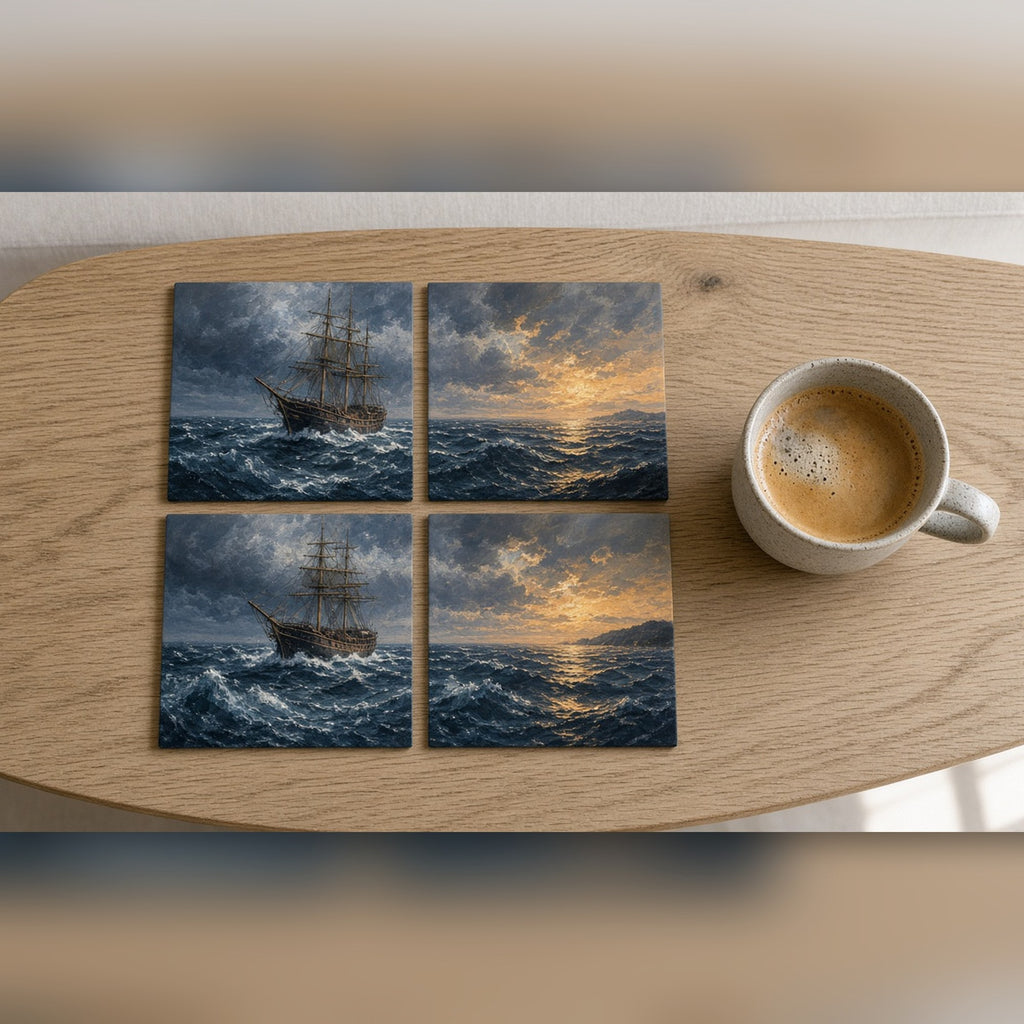 Oil-painting style tall ship on rough seas as a storm approaches printed flat on a set of 4 coasters, made with prompt #46