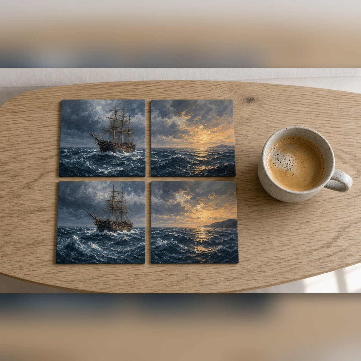 Oil-painting style tall ship on rough seas as a storm approaches printed flat on a set of 4 coasters, made with prompt #46