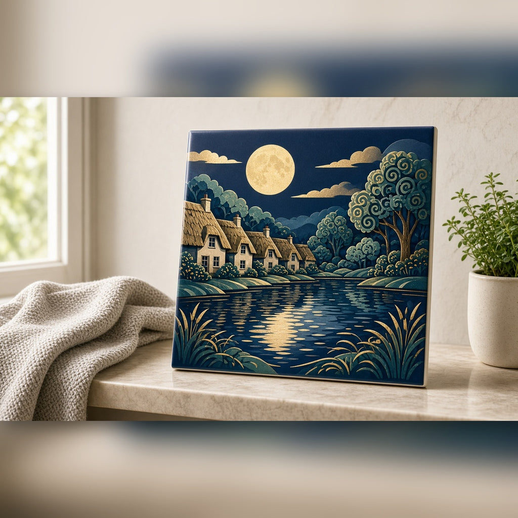 Moonlit lakeside village of thatched cottages with patterned trees printed flat on a ceramic tile, made with prompt #84