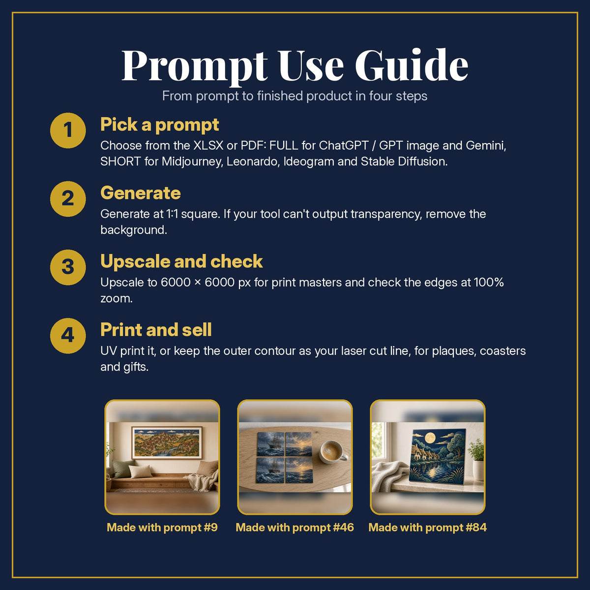 Prompt Use Guide for the Historical Fiction, Painterly & Handmade Collection: pick a prompt, generate, upscale and check, print and sell, with sample products made with the pack's prompts