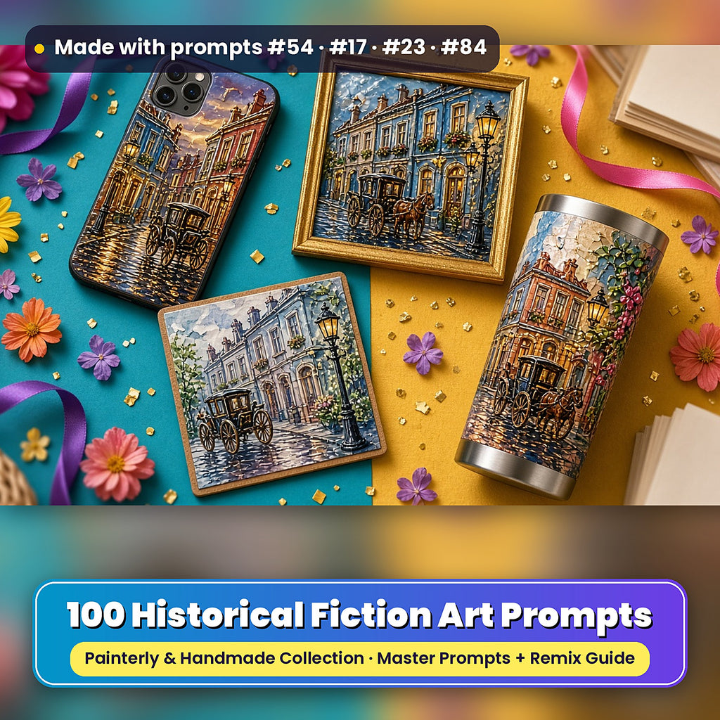 Historical Fiction, Painterly & Handmade Collection: realistic UV-printed mockup, made with prompts #54 · #17 · #23 · #84