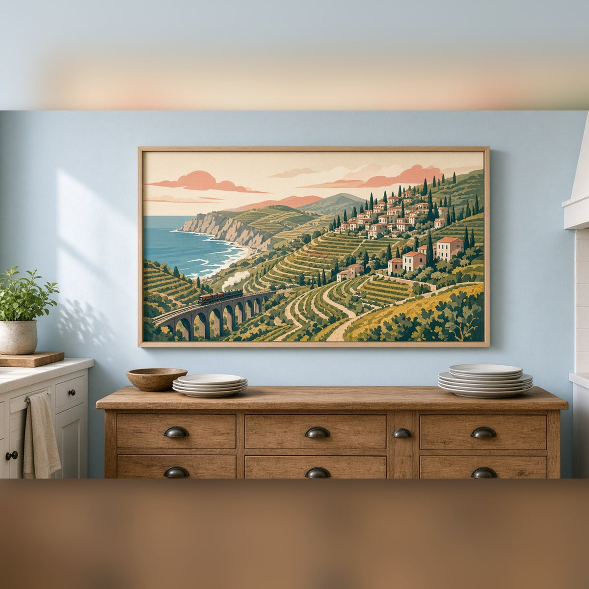 Vintage retro panoramic coastal valley with a railway viaduct, steam train and terraced vineyards printed flat on a framed print in a kitchen, made with prompt #9
