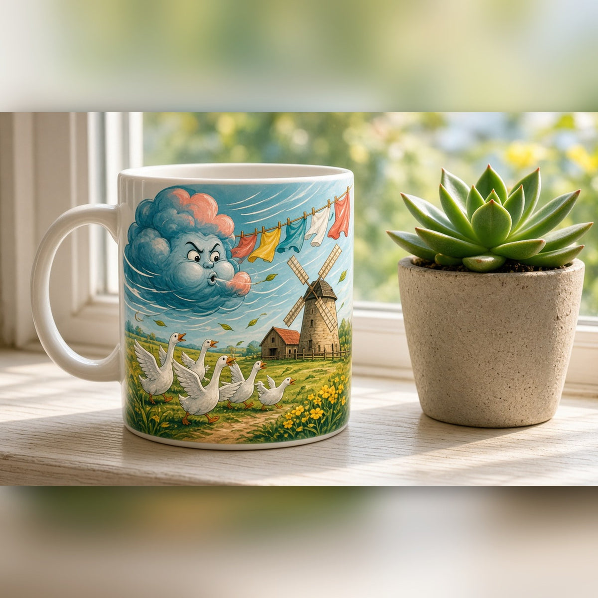 Playful whimsical farmyard with a puffing storm cloud, flying laundry, startled geese and a windmill printed flat on a mug, made with prompt #46