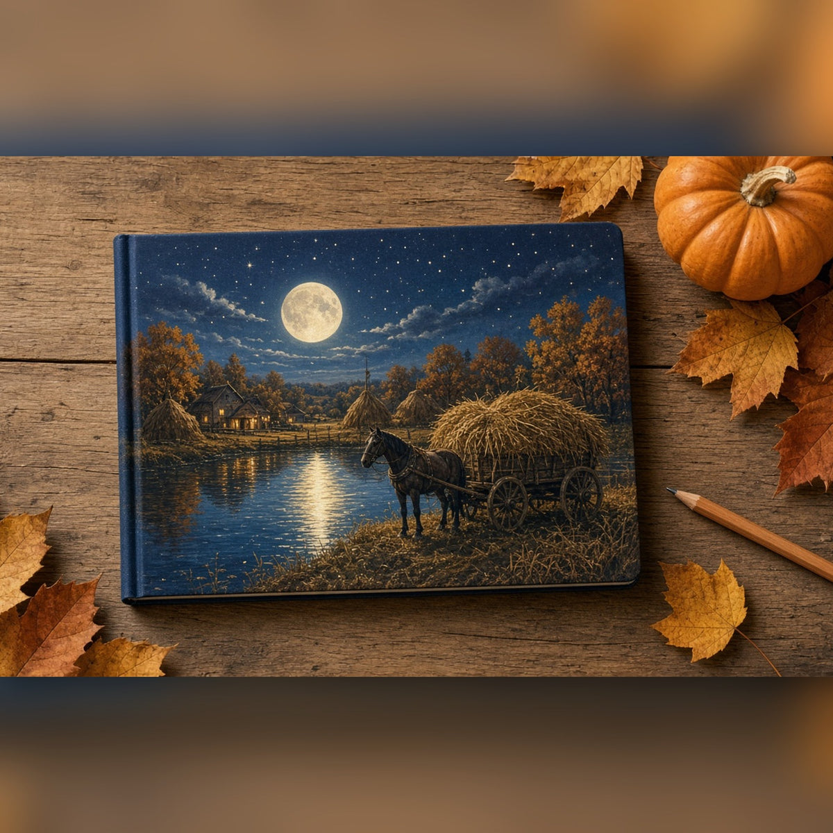 Moonlit autumn harvest with a horse-drawn hay cart beside a millpond printed flat on a notebook, made with prompt #84