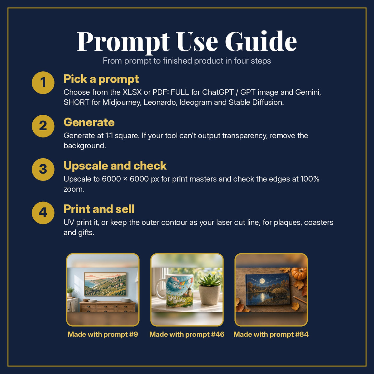 Prompt Use Guide for the Historical Fiction, Vintage & Whimsical Collection: pick a prompt, generate, upscale and check, print and sell, with sample products made with the pack's prompts