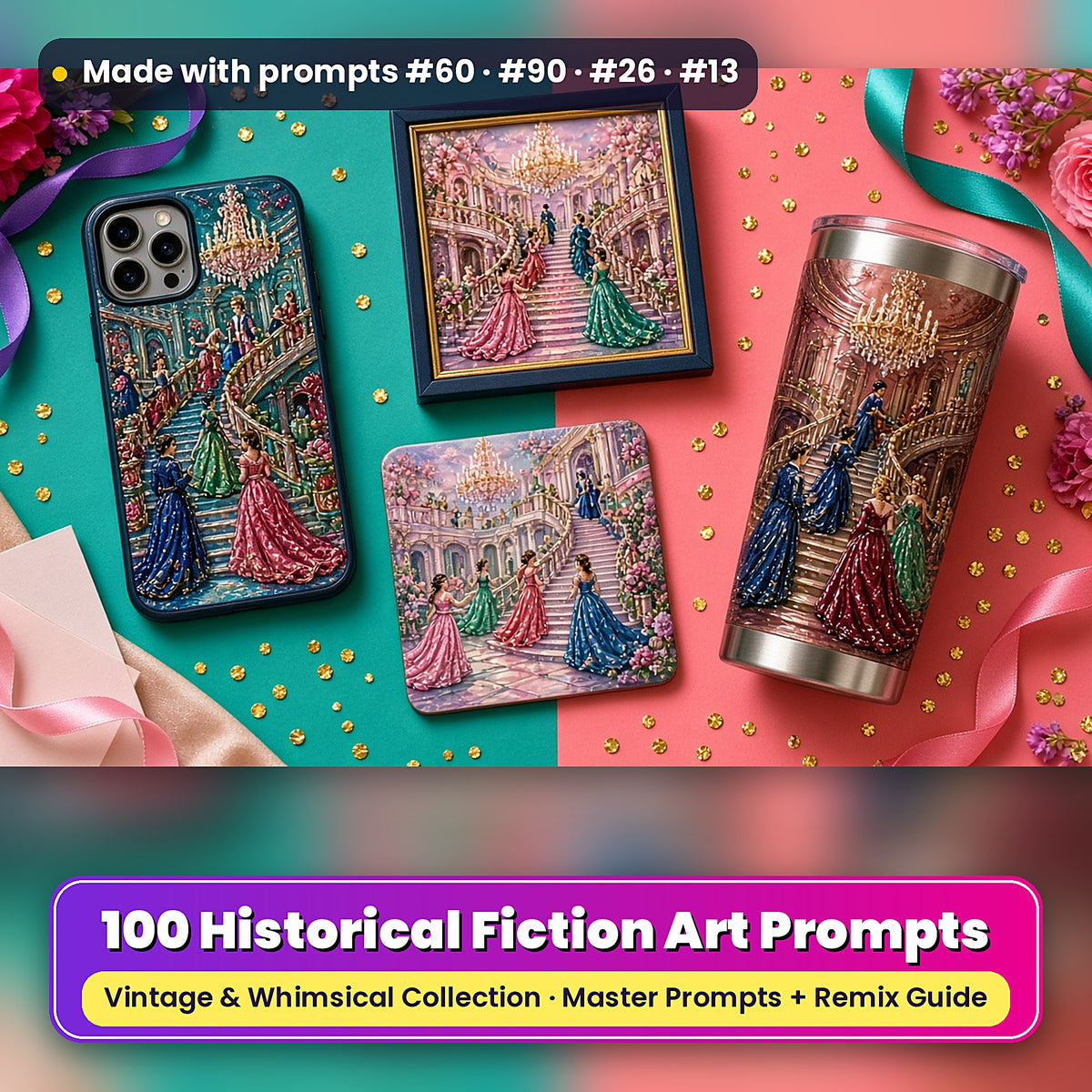 Historical Fiction, Vintage & Whimsical Collection: realistic UV-printed mockup, made with prompts #60 · #90 · #26 · #13