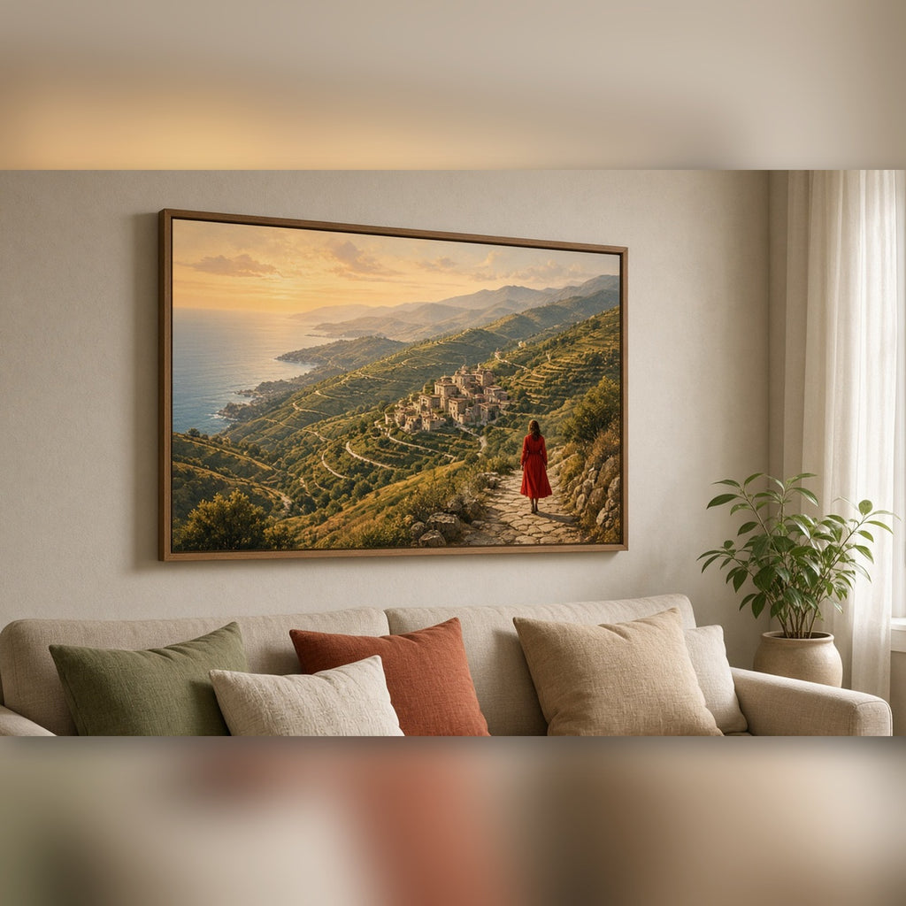Cinematic panoramic coastal valley of terraced hills and a hilltop village with a woman in a red coat on the path printed flat on a framed print in a living room, made with prompt #9