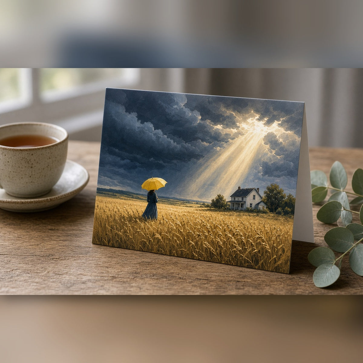 Cinematic storm approaching over golden wheat fields with a woman under a yellow umbrella by a farmhouse printed flat on a greeting card, made with prompt #46