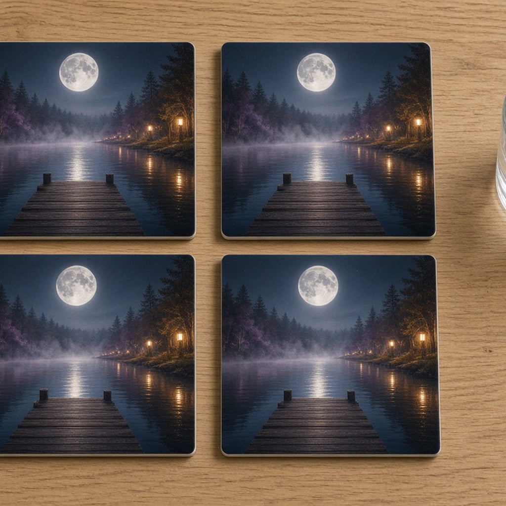 Cinematic moonlit lake with a wooden jetty, mist and warm lanterns along the shore printed flat on a set of 4 coasters, made with prompt #84