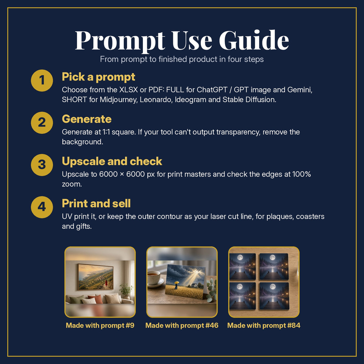 Prompt Use Guide for the Women's Fiction, Cinematic & Bold Collection: pick a prompt, generate, upscale and check, print and sell, with sample products made with the pack's prompts