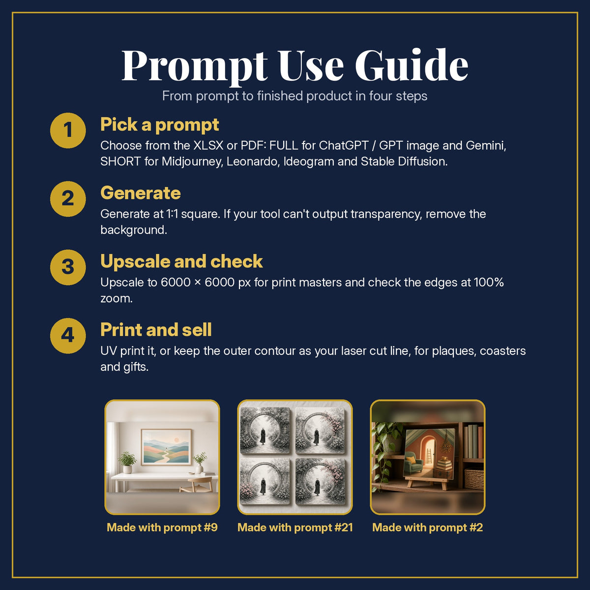 Prompt Use Guide for the Women's Fiction, Clean & Graphic Collection: pick a prompt, generate, upscale and check, print and sell, with sample products made with the pack's prompts