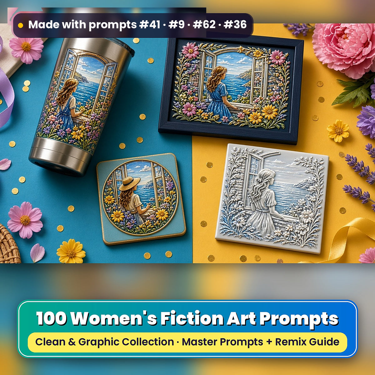 Women's Fiction, Clean & Graphic Collection: Made with prompts #41 · #9 · #62 · #36 – realistic UV-printed mockup