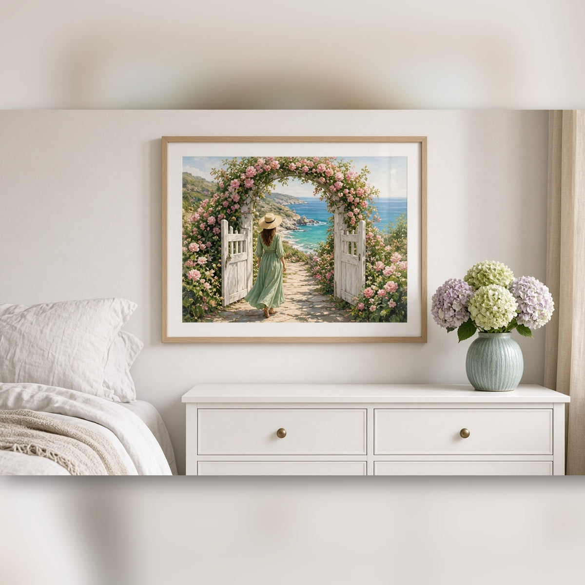 Luxury rose-arbour garden gate opening onto a path to a turquoise cove with a woman in a sage dress and straw hat printed flat on a framed print in a bedroom, made with prompt #41