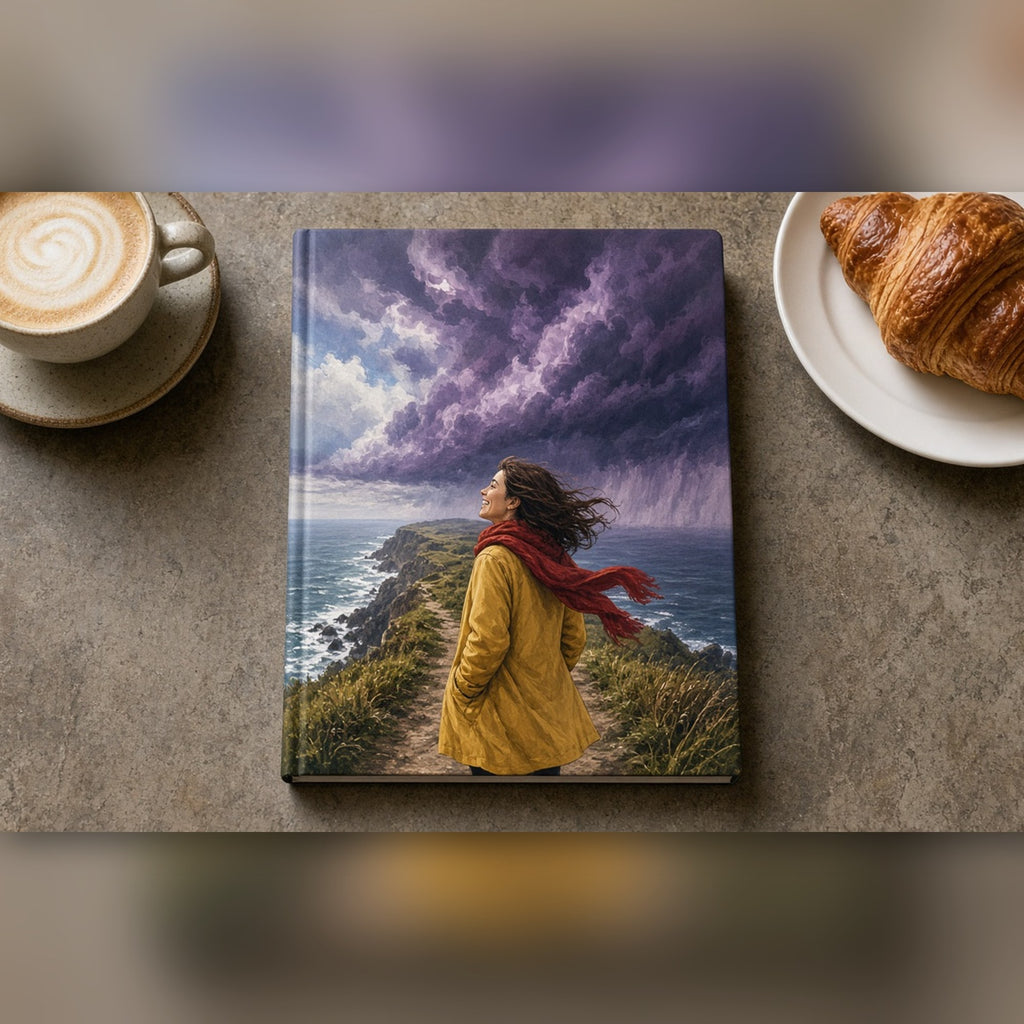 Illustrated woman in a mustard raincoat and red scarf laughing on a clifftop path as a purple storm approaches printed flat on a notebook, made with prompt #226
