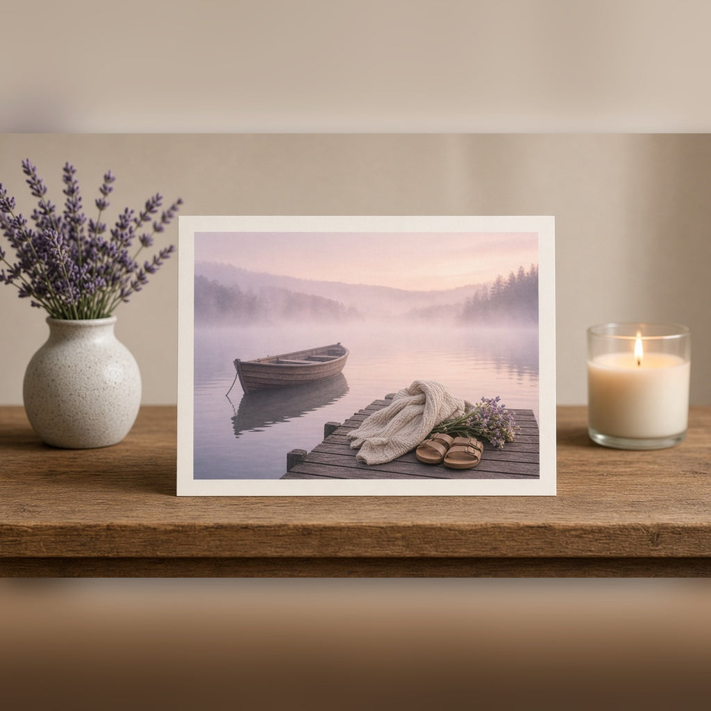 Misty pink dawn lakeside with a rowing boat and a cardigan, sandals and wildflowers left on the jetty printed flat on a greeting card, made with prompt #416