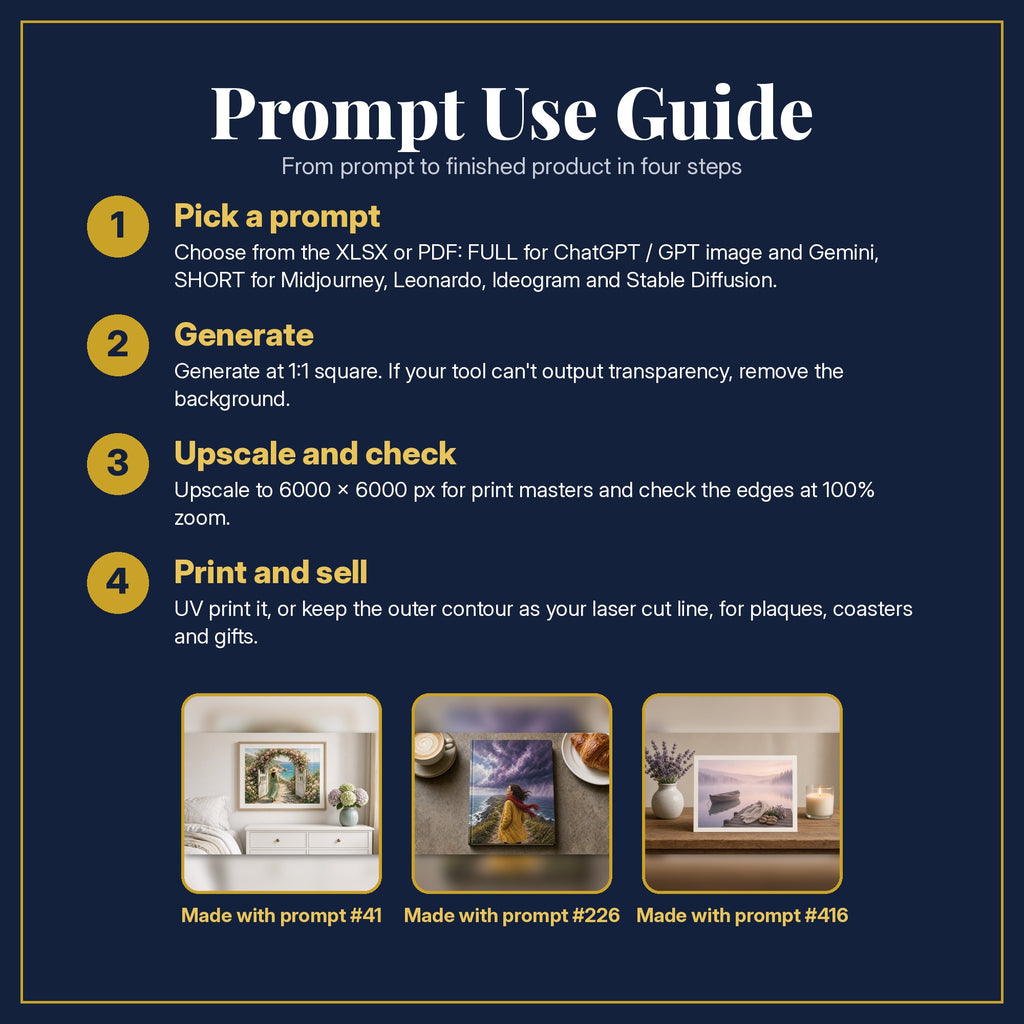 Prompt Use Guide for the Women's Fiction Complete Library: pick a prompt, generate, upscale and check, print and sell, with sample products made with the pack's prompts