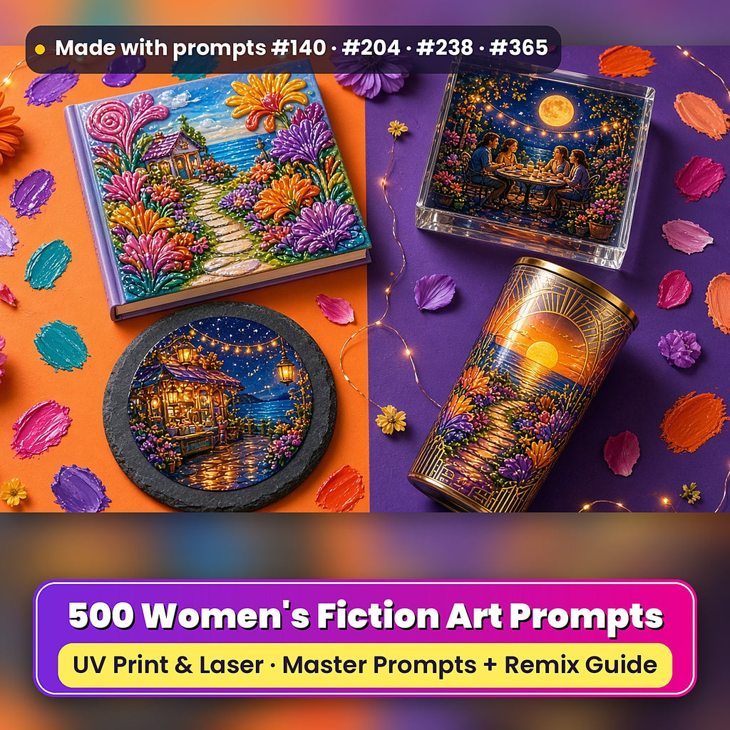 500 Women's Fiction Art Prompts Library: Made with prompts #140 · #204 · #238 · #365 – realistic UV-printed mockup