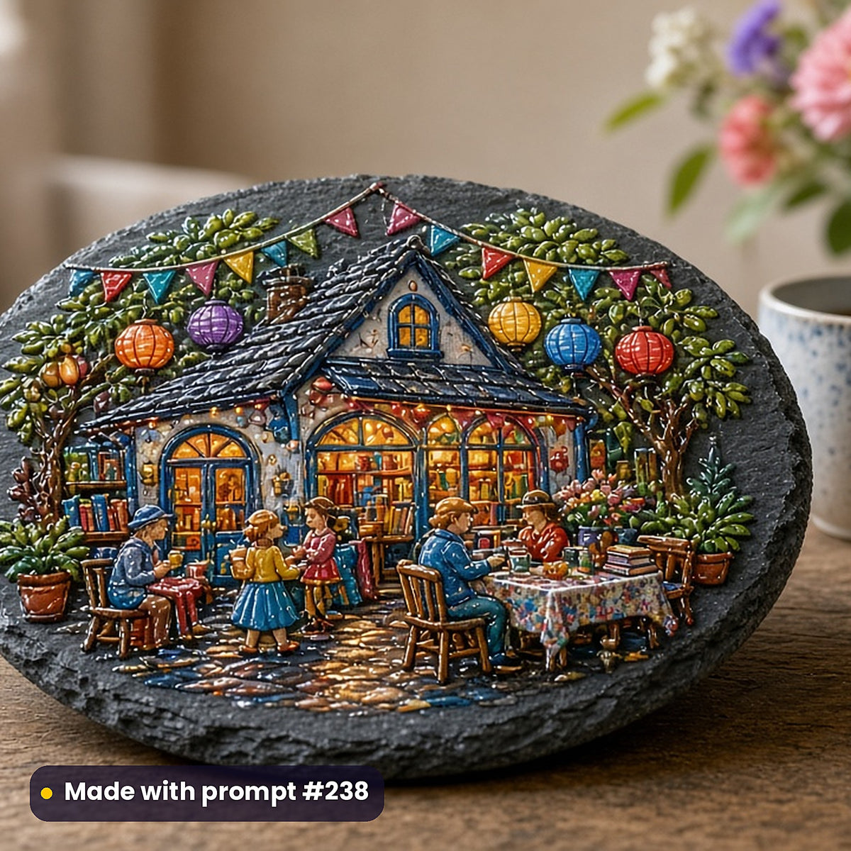 500 Women's Fiction Art Prompts Library: Made with prompt #238 – realistic UV-printed mockup (Illustrated Character — Festival or Gathering)