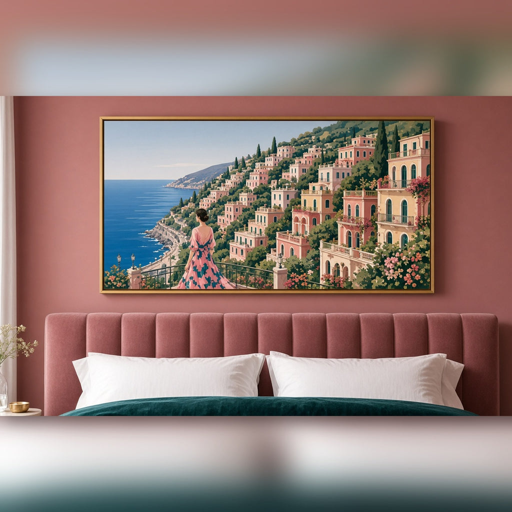 Luxury panoramic coastal town of pastel villas on a hillside with a woman in a summer dress looking out to sea printed flat on a framed print in a bedroom, made with prompt #9