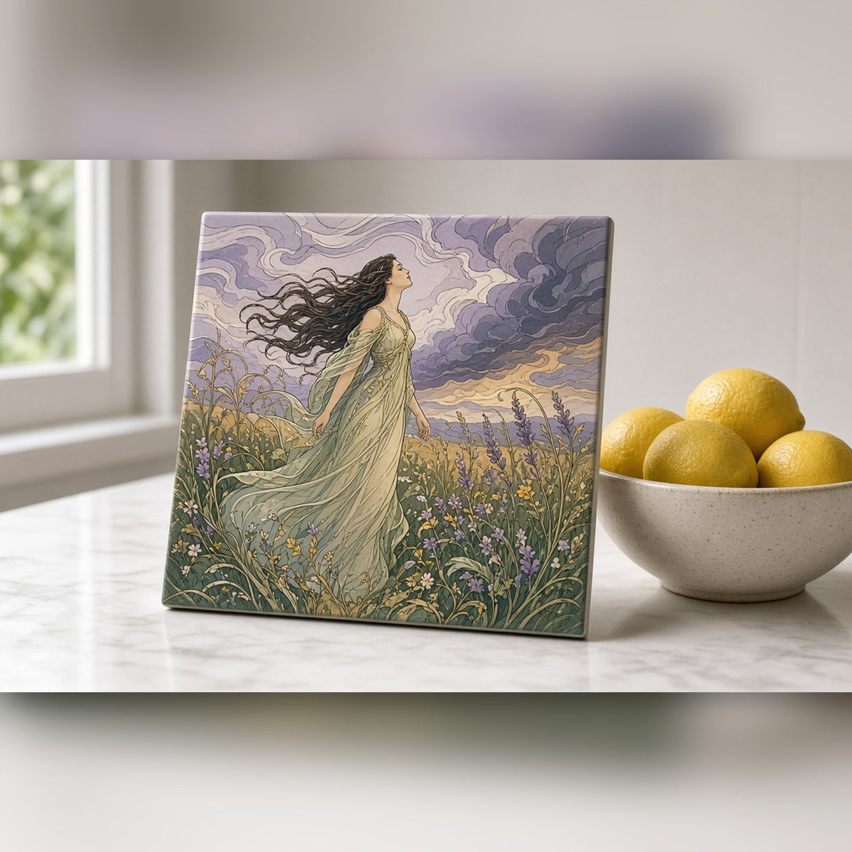 Art Nouveau woman in a flowing dress in a wildflower meadow as a storm approaches printed flat on a ceramic tile, made with prompt #46