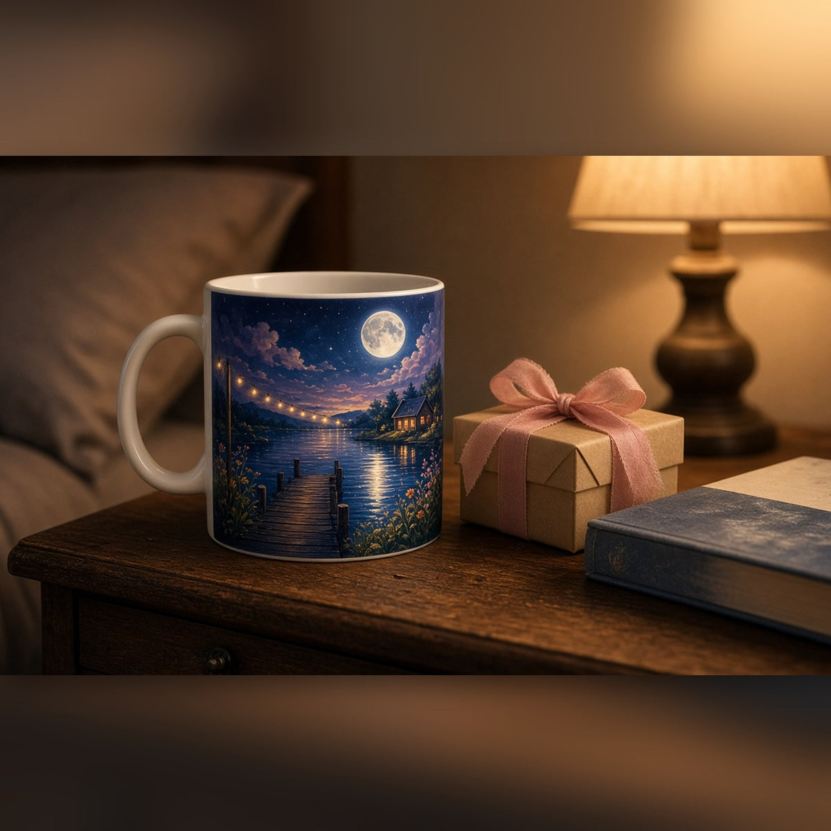 Moonlit lakeside jetty with string lights and a cosy glowing cottage printed flat on a mug, made with prompt #84