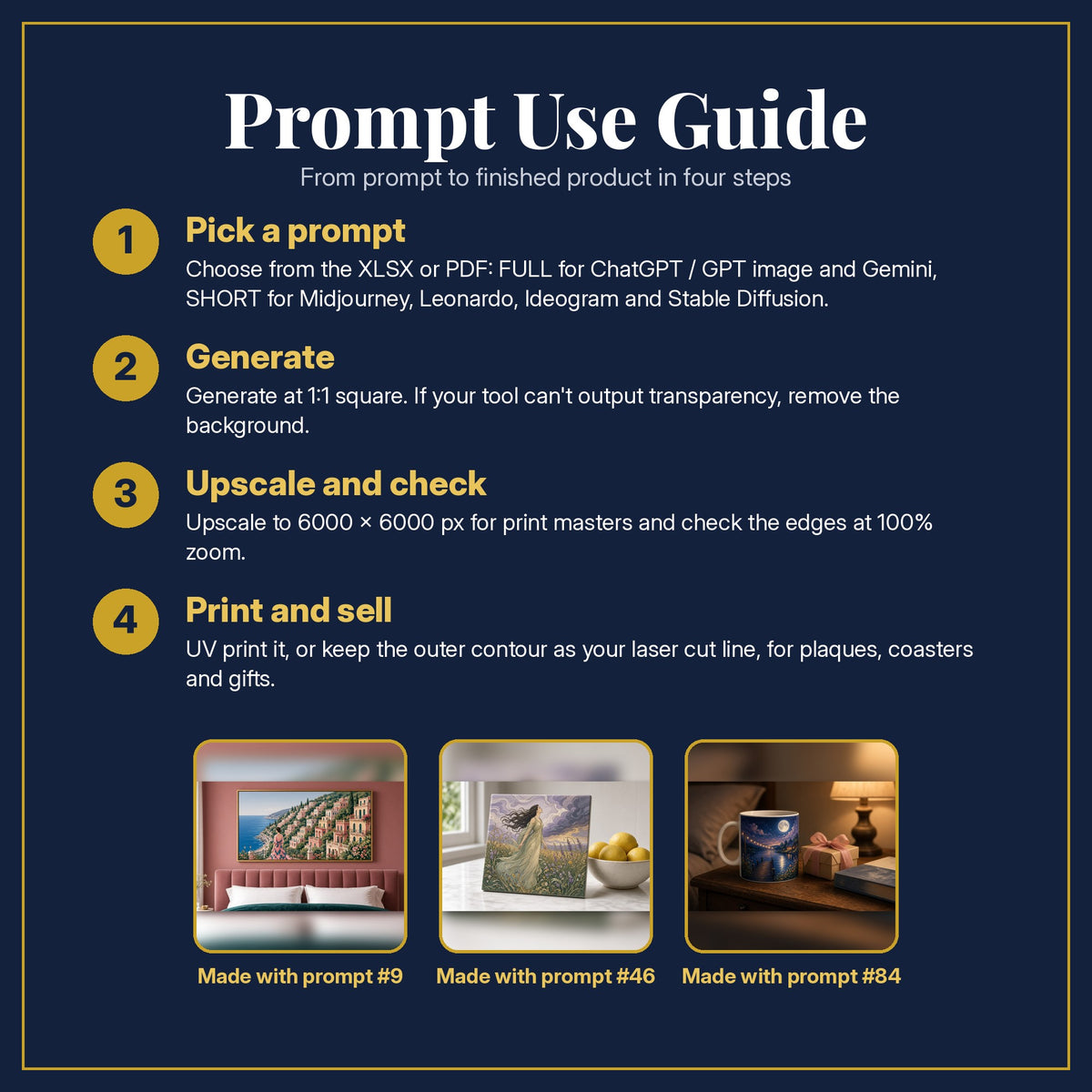 Prompt Use Guide for the Women's Fiction, Luxury & Decorative Collection: pick a prompt, generate, upscale and check, print and sell, with sample products made with the pack's prompts