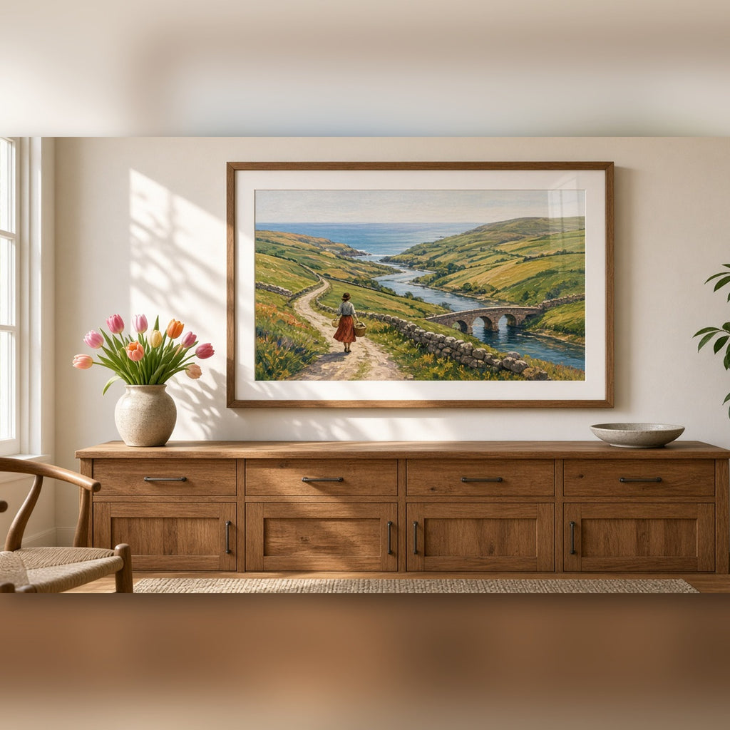 Textured artisan panoramic countryside of rolling hills, a winding lane, a river and a stone bridge with a woman carrying a basket printed flat on a framed print in a dining room, made with prompt #9