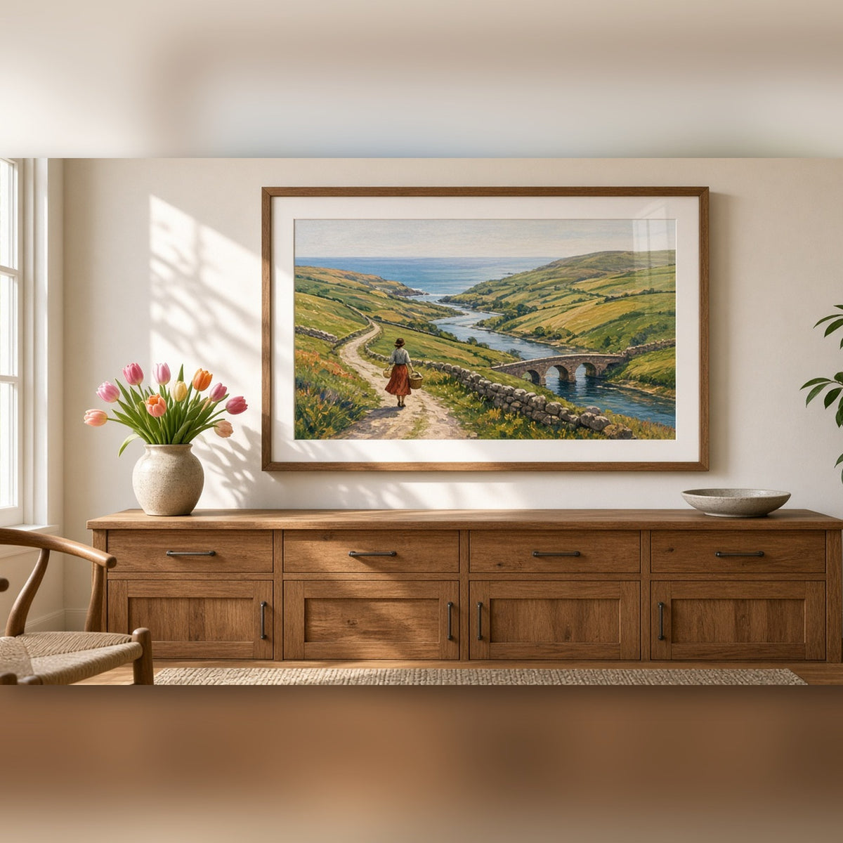 Textured artisan panoramic countryside of rolling hills, a winding lane, a river and a stone bridge with a woman carrying a basket printed flat on a framed print in a dining room, made with prompt #9