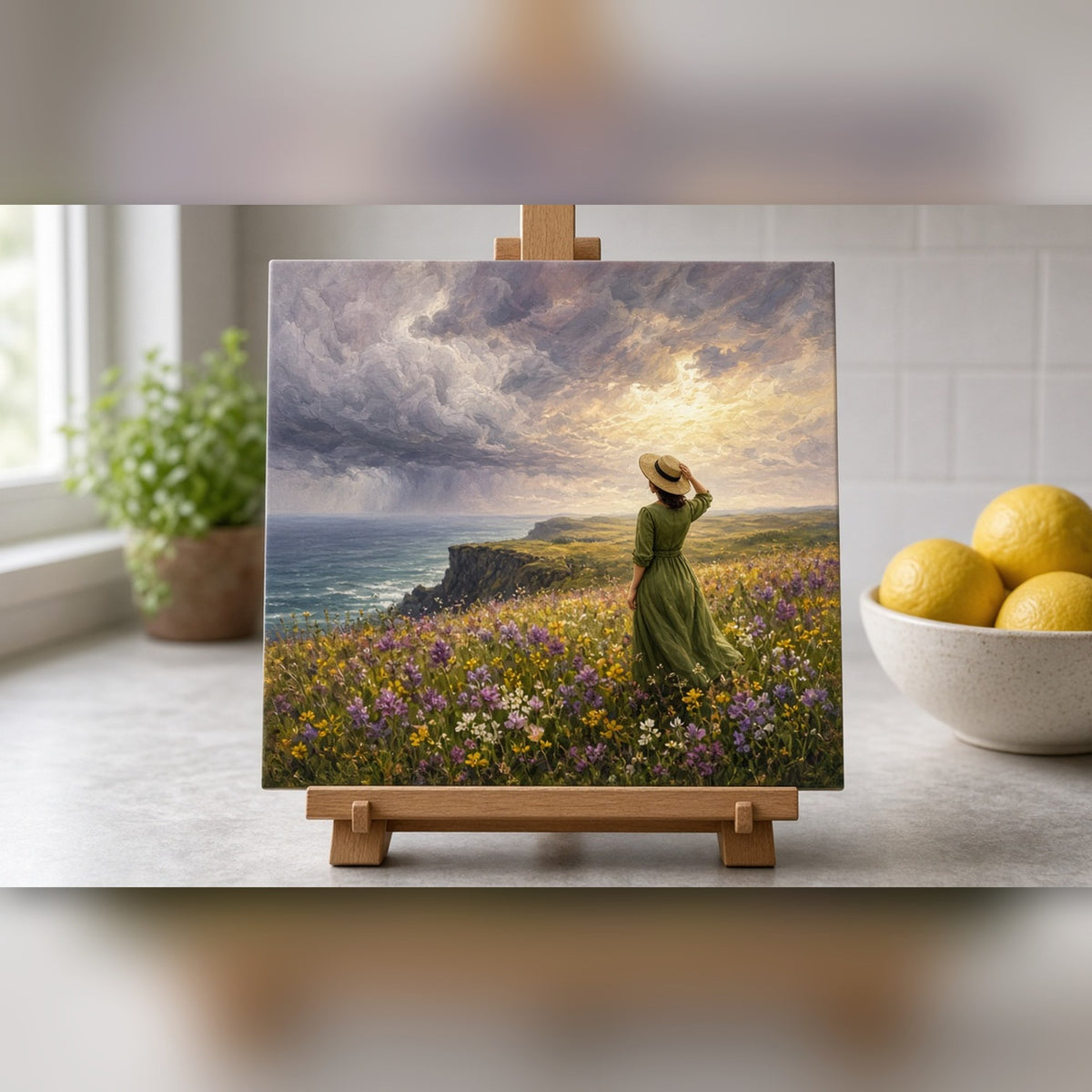 Oil-painting storm approaching over a cliff-top wildflower meadow with a woman in a green dress holding her hat printed flat on a ceramic tile, made with prompt #46