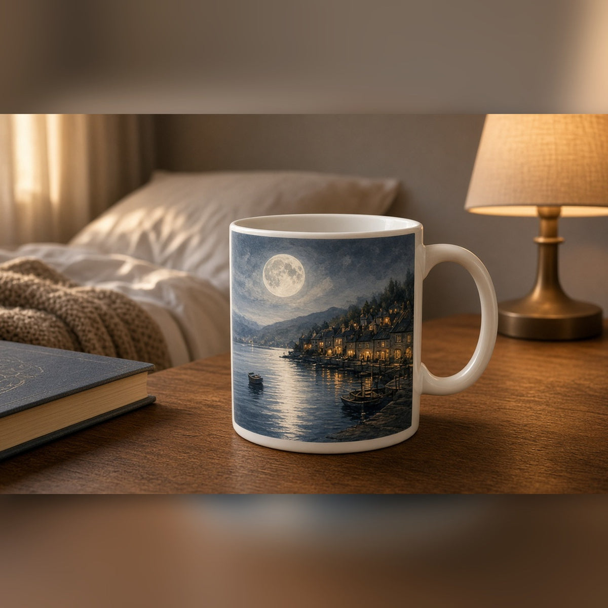 Painterly moonlit harbour village with silver reflections, small boats and glowing cottage windows printed flat on a mug, made with prompt #84