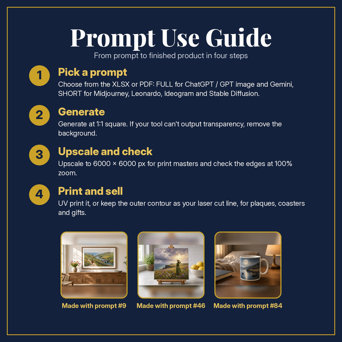 Prompt Use Guide for the Women's Fiction, Painterly & Handmade Collection: pick a prompt, generate, upscale and check, print and sell, with sample products made with the pack's prompts