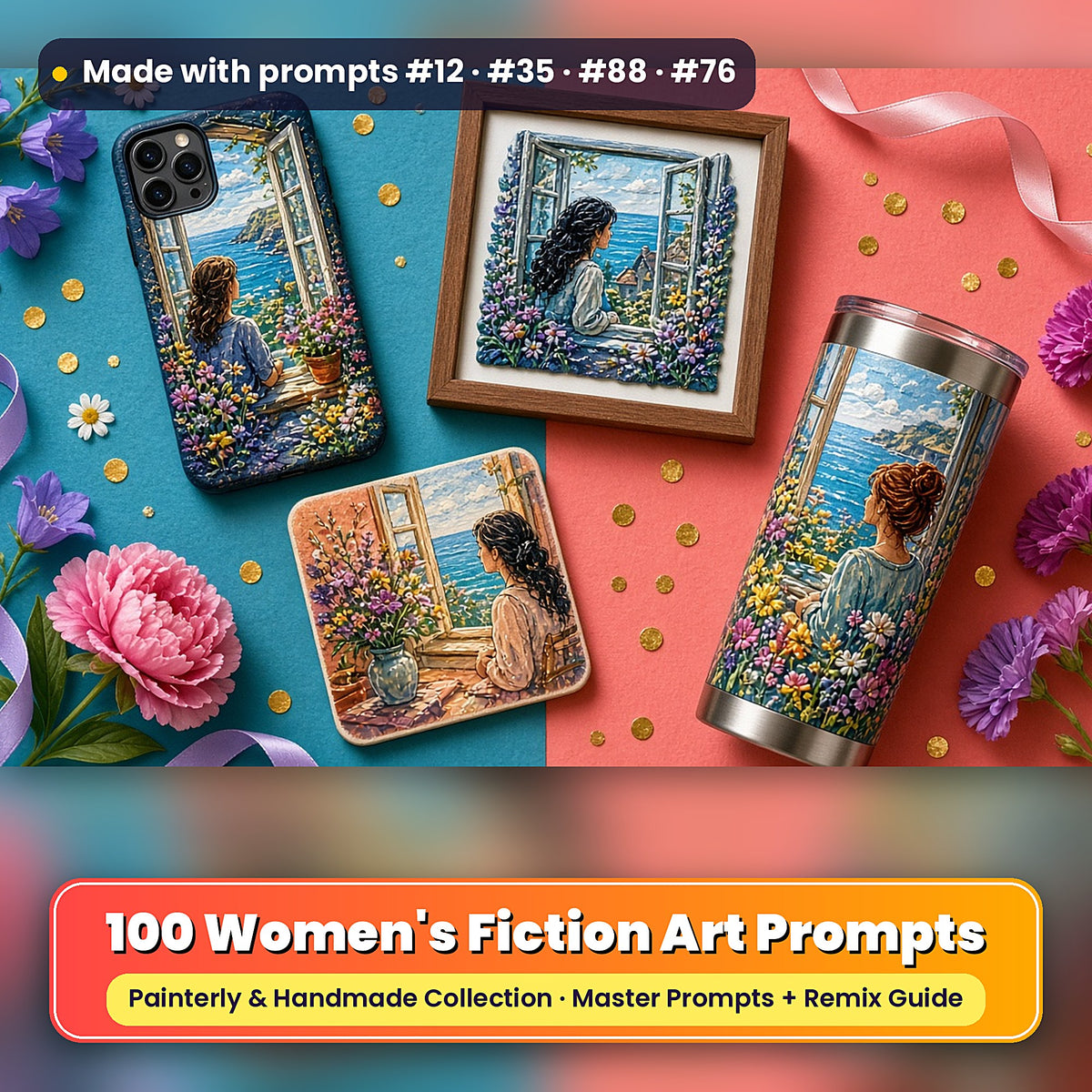 Women's Fiction, Painterly & Handmade Collection: realistic UV-printed mockup, made with prompts #12 · #35 · #88 · #76
