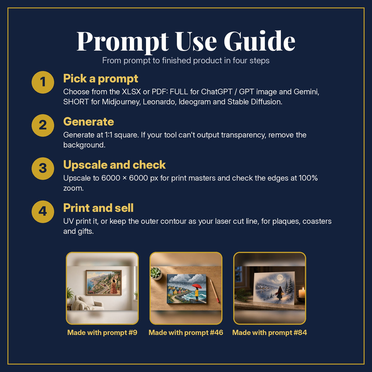 Prompt Use Guide for the Women's Fiction, Vintage & Whimsical Collection: pick a prompt, generate, upscale and check, print and sell, with sample products made with the pack's prompts
