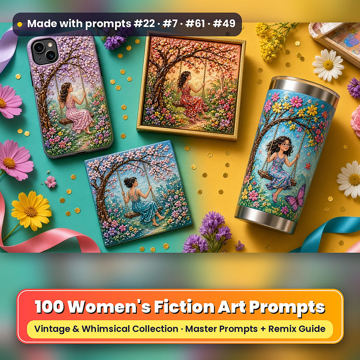 Women's Fiction, Vintage & Whimsical Collection: realistic UV-printed mockup, made with prompts #22 · #7 · #61 · #49