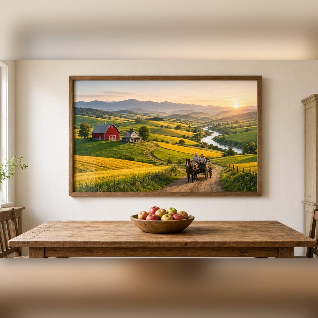 Bold-colour panoramic family homeland of patchwork fields, a red barn and farmhouse, a river and a family on a horse-drawn cart at sunrise printed flat on a framed print in a dining room, made with prompt #9