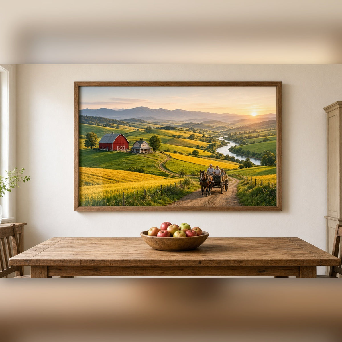 Bold-colour panoramic family homeland of patchwork fields, a red barn and farmhouse, a river and a family on a horse-drawn cart at sunrise printed flat on a framed print in a dining room, made with prompt #9