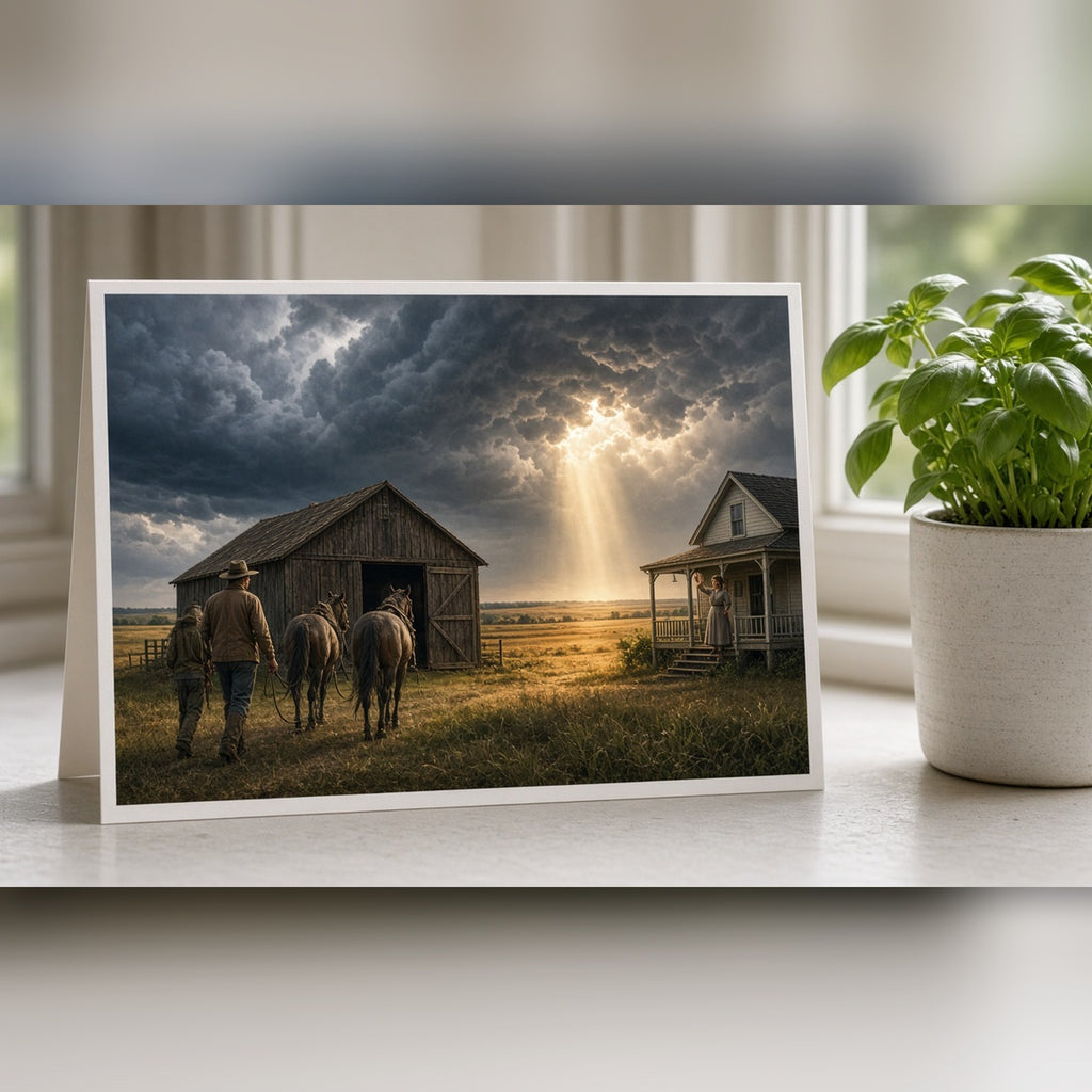 Cinematic storm approaching a prairie family farm with a father and son leading horses into the barn printed flat on a greeting card, made with prompt #46