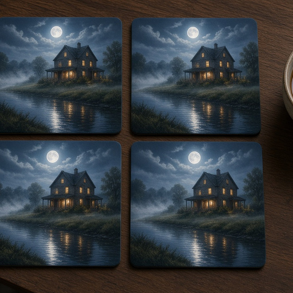 Cinematic moonlit old family farmhouse by a misty river with glowing windows printed flat on a set of 4 coasters, made with prompt #84