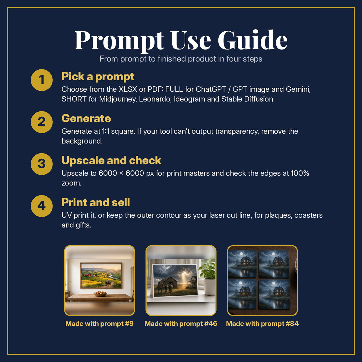Prompt Use Guide for the Family Saga, Cinematic & Bold Collection: pick a prompt, generate, upscale and check, print and sell, with sample products made with the pack's prompts