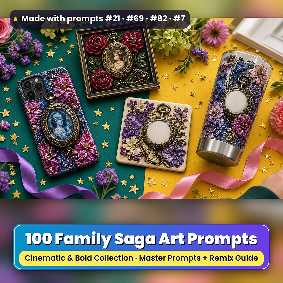 Family Saga, Cinematic & Bold Collection: realistic UV-printed mockup, made with prompts #21 · #69 · #82 · #7
