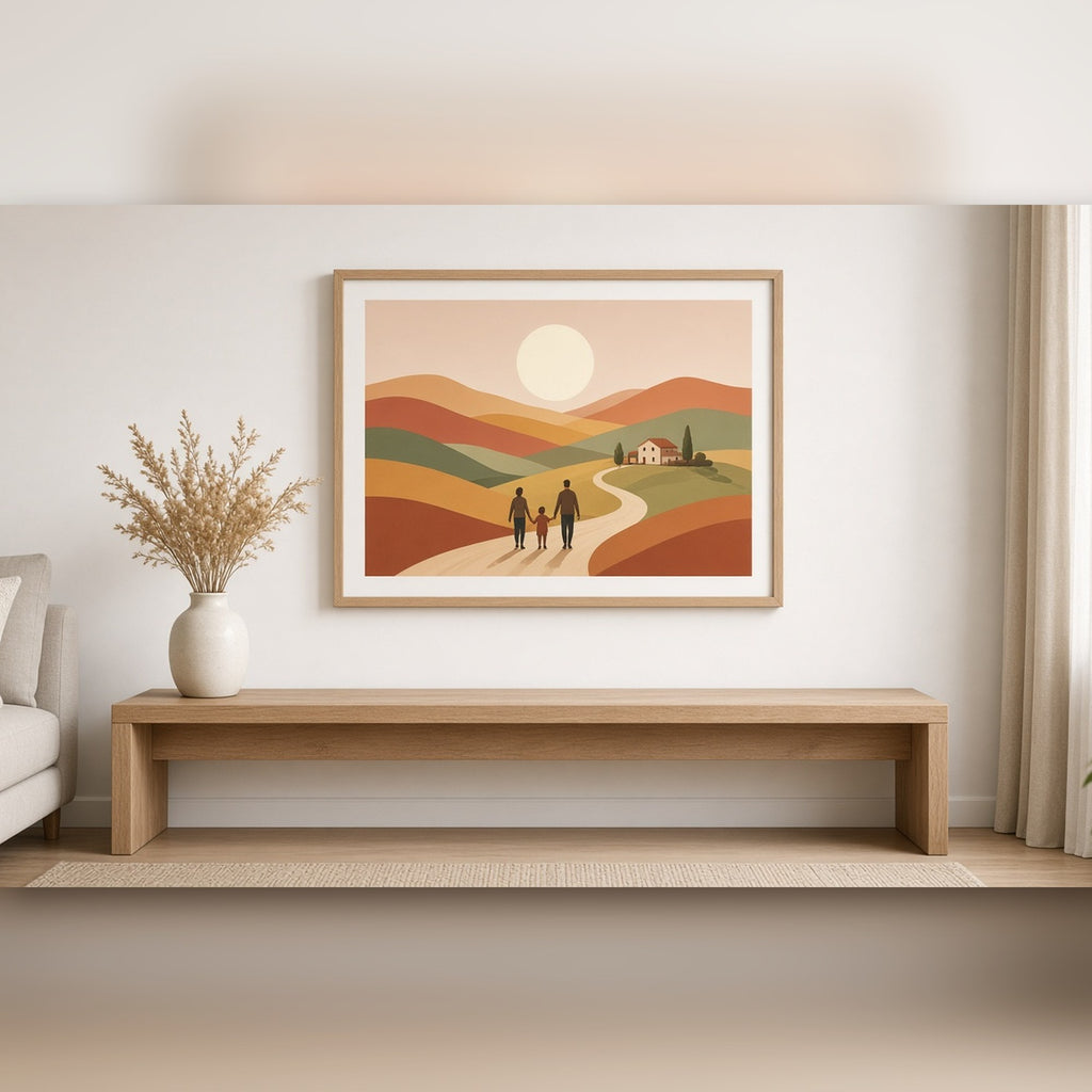 Modern minimal panoramic family landscape of terracotta and olive hills with a farmhouse and a family of three walking hand in hand printed flat on a framed print in a living room, made with prompt #9