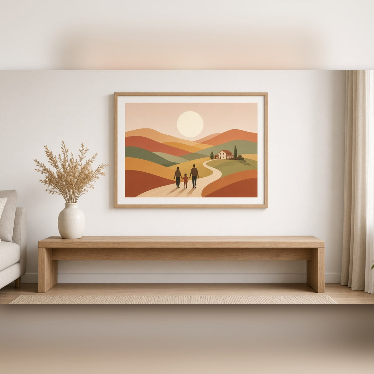 Modern minimal panoramic family landscape of terracotta and olive hills with a farmhouse and a family of three walking hand in hand printed flat on a framed print in a living room, made with prompt #9