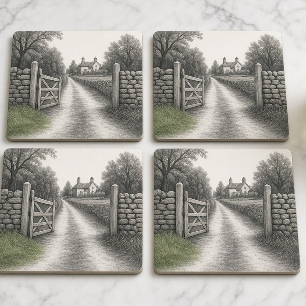 Monochrome open farm gate in a dry-stone wall leading down a lane to a distant family farmhouse printed flat on a set of 4 coasters, made with prompt #21
