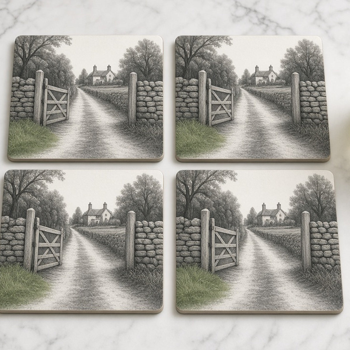 Monochrome open farm gate in a dry-stone wall leading down a lane to a distant family farmhouse printed flat on a set of 4 coasters, made with prompt #21