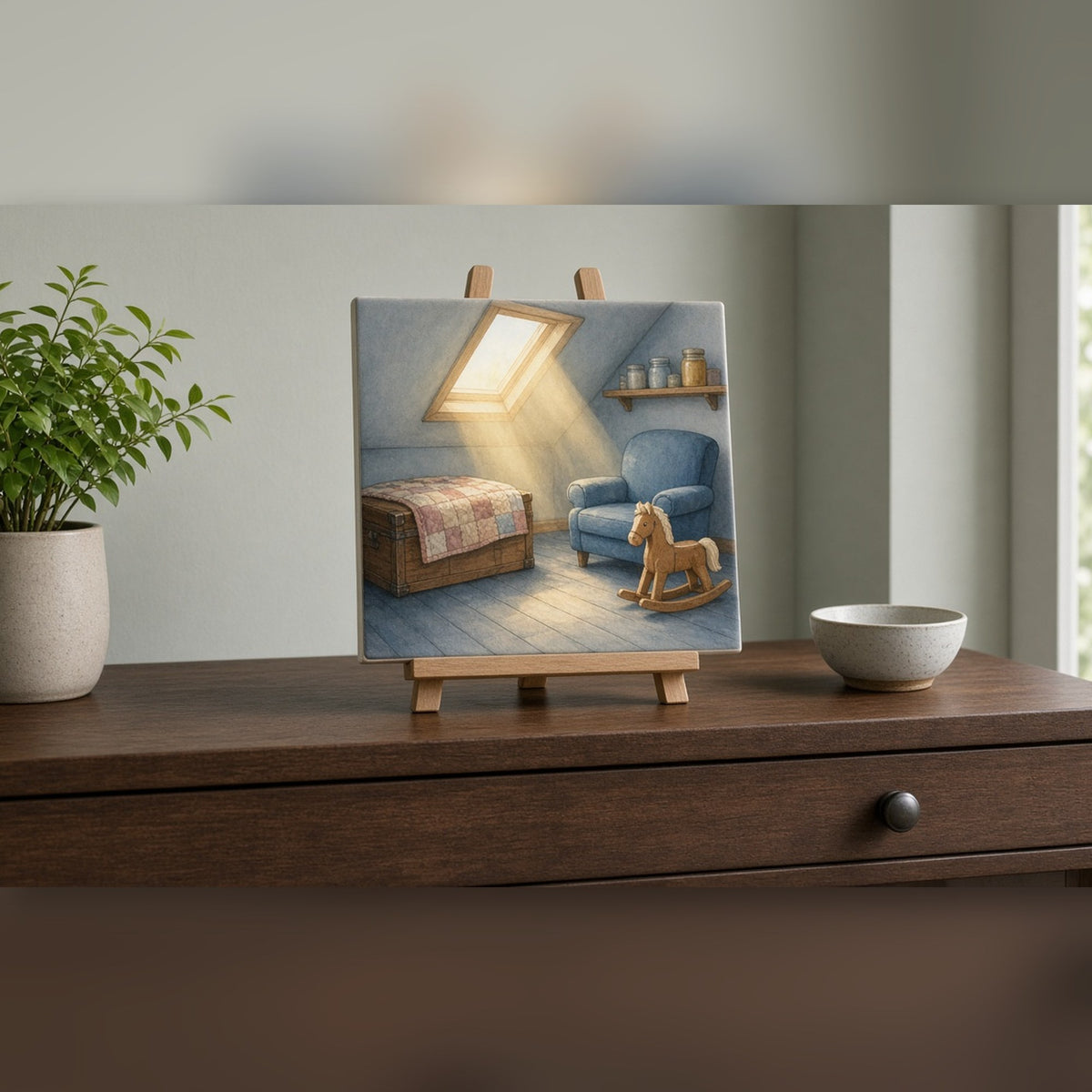 Minimal hidden family keepsake attic with a quilted chest, a blue armchair, a rocking horse and light from a skylight printed flat on a ceramic tile, made with prompt #2