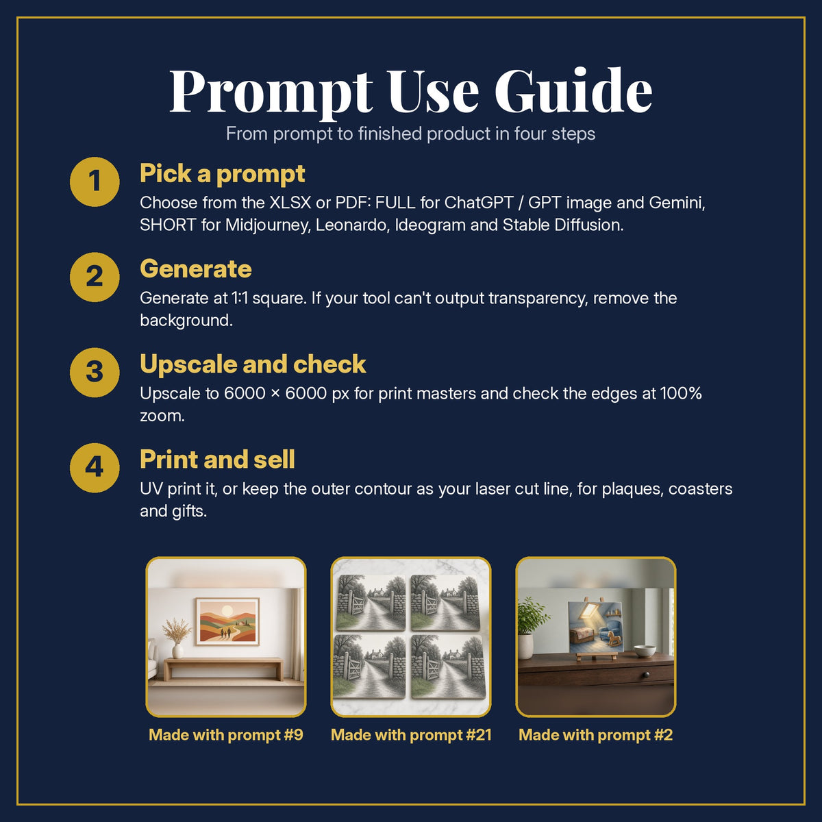 Prompt Use Guide for the Family Saga, Clean & Graphic Collection: pick a prompt, generate, upscale and check, print and sell, with sample products made with the pack's prompts